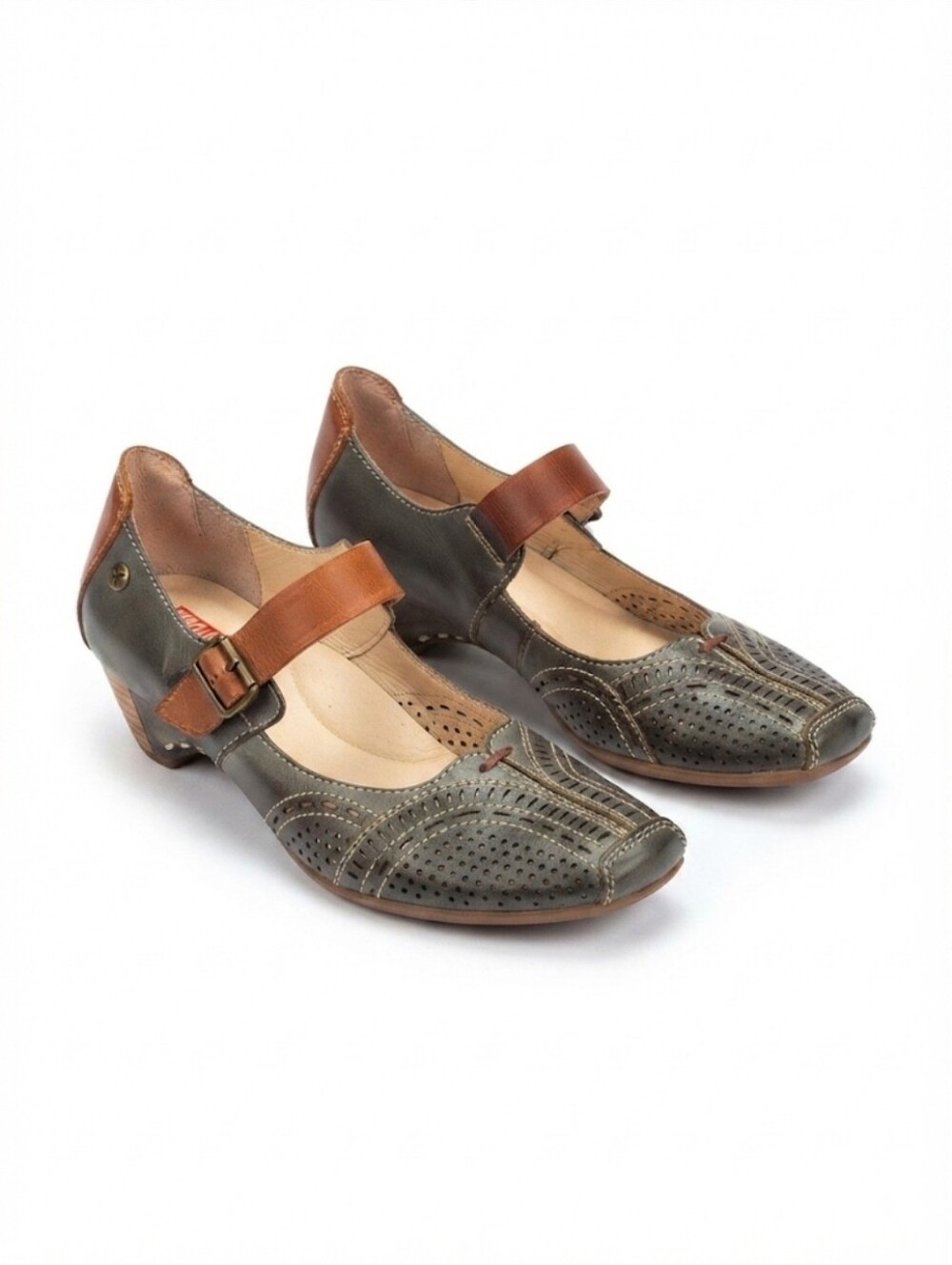 PIKOLINOS Olive and Tan Leather Mary Jane Flats Size 36